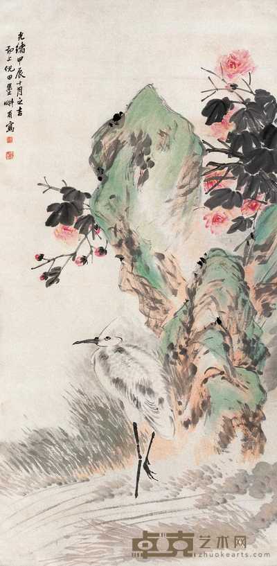 倪田 1904年作 花鸟 立轴 171×85cm